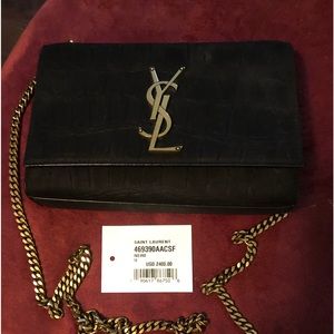 Yves Saint Laurent Black Croc-Embossed Leather Shoulder Bag with Gold Hardware